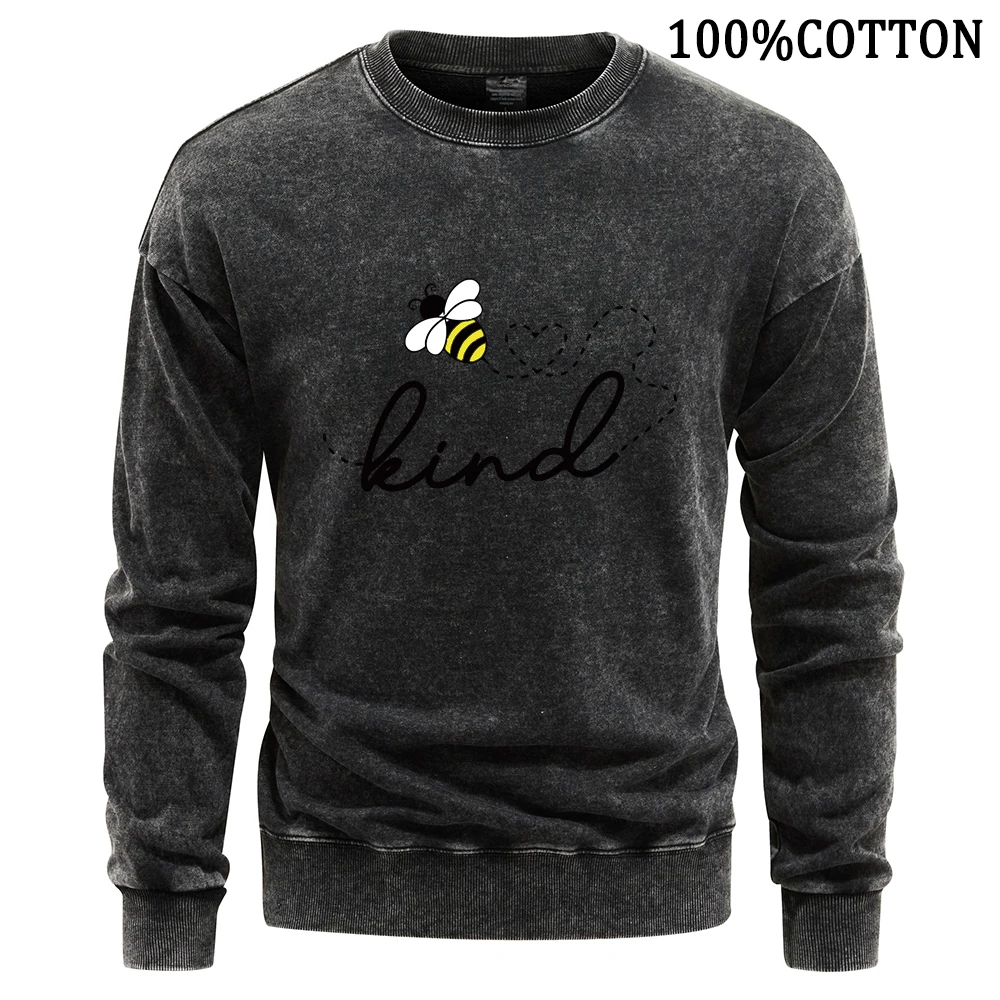 Heart Honeybee Print Men Sweatshirt Retro Washed Hoodie Casual Crewneck 100% Cotton Hoodies Soft Leisurewear Sweatshirts Tops