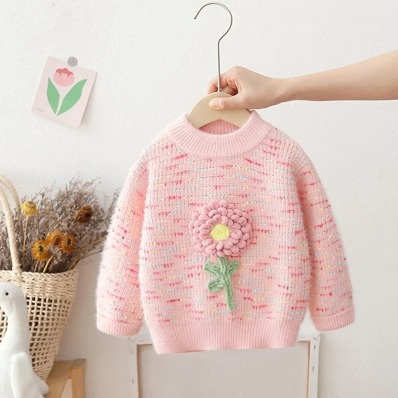 Girls' Thickened Flowers Sweater Autumn and Winter New Baby Pullover Sweater with Children's Color Knitted Bottoming Shirt