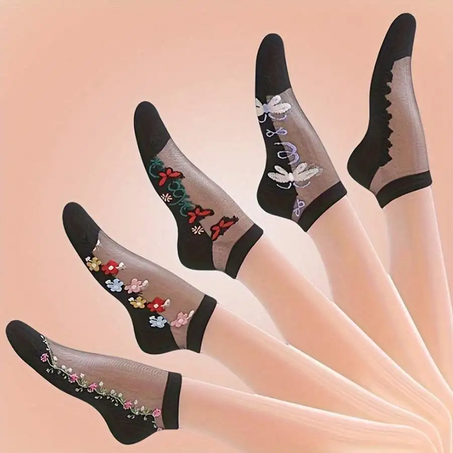 

5 Pairs Womens Embroidered Sheer Socks With Floral And Butterfly Patterns Spring Summer