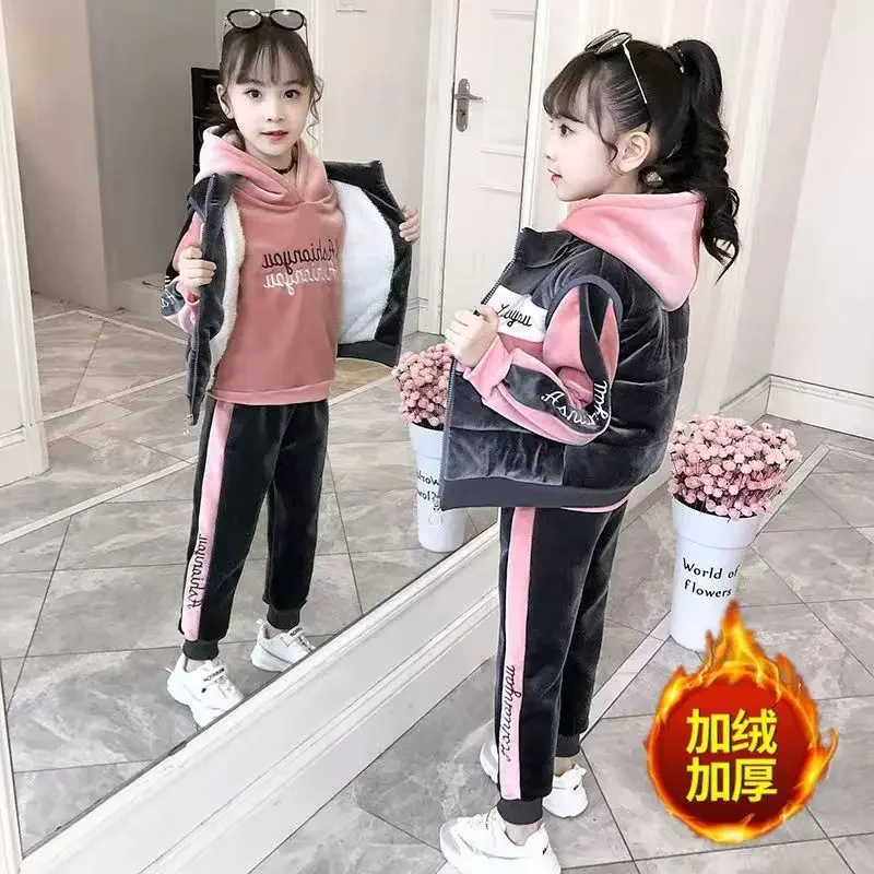 2024 winter girls tracksuit Autumn Toddler Teenager Clothes velvet jacket vest + hooded + strip Pant Children Kids 8 10 12 year