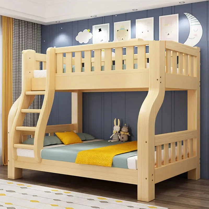 SeaMind Morden Doppeldecker-Etagenbett aus massivem Kiefernholz, hohes, niedriges Mutter-Kind-Bett, oberer/unterer Schlaf, zweilagiger Kleiderschrank, Babybetten