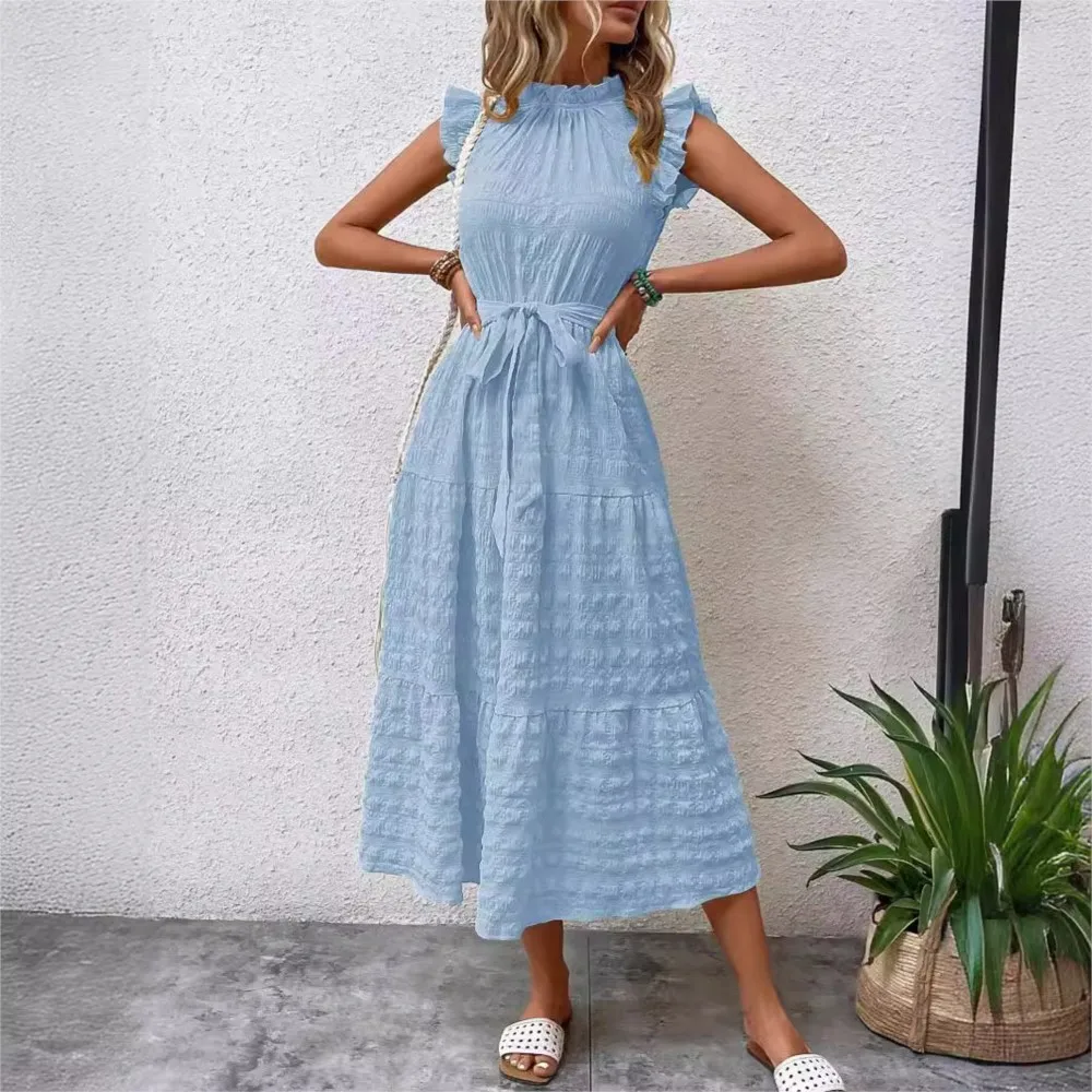 

Women's Summer Fashion Ear Edge Flying Sleeve Lace Texture Dress Set Solid Color Waist A-line Edition Lace Collar Women's Wear