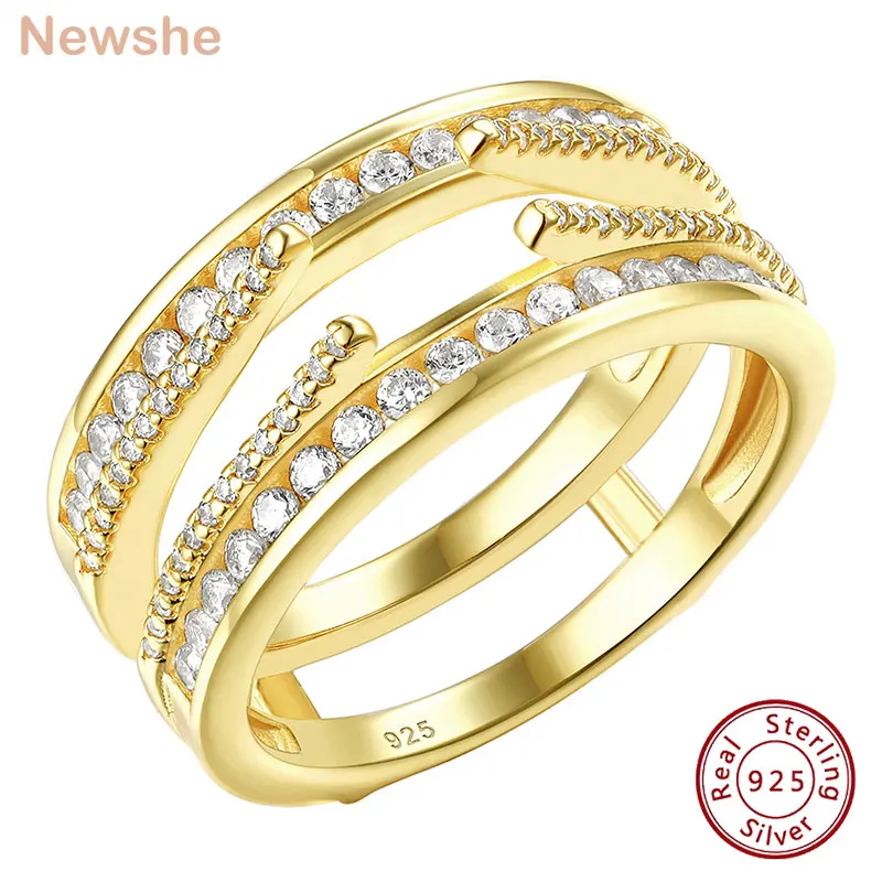Newshe 925 Sterling Silver Yellow Gold Plated Enhancer Rings for Women Round AAAAA Cubic Zircon Jewelry