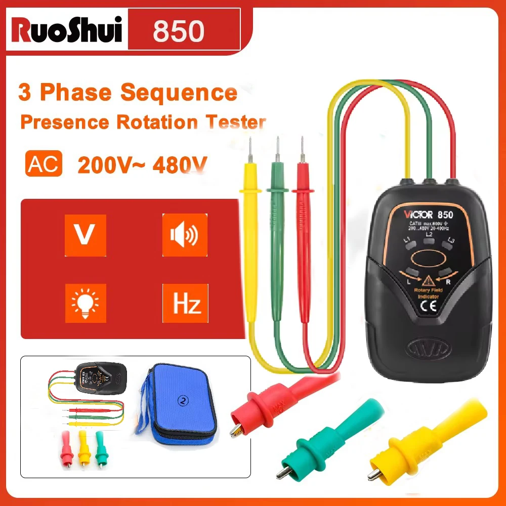 VICTOR – traqueur de présence de séquence triphasée, testeur de Rotation, indicateur détecteur avec indicateur LED 60V ~ 600V (3 phases AC) 850