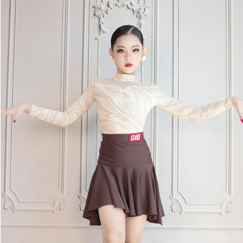 

Платье для латинских танцев, разделенная одежда, топ с длинными рукавами, юбка, тренировочный костюм для чача-самбы, одежда для соревнований, DQL9943