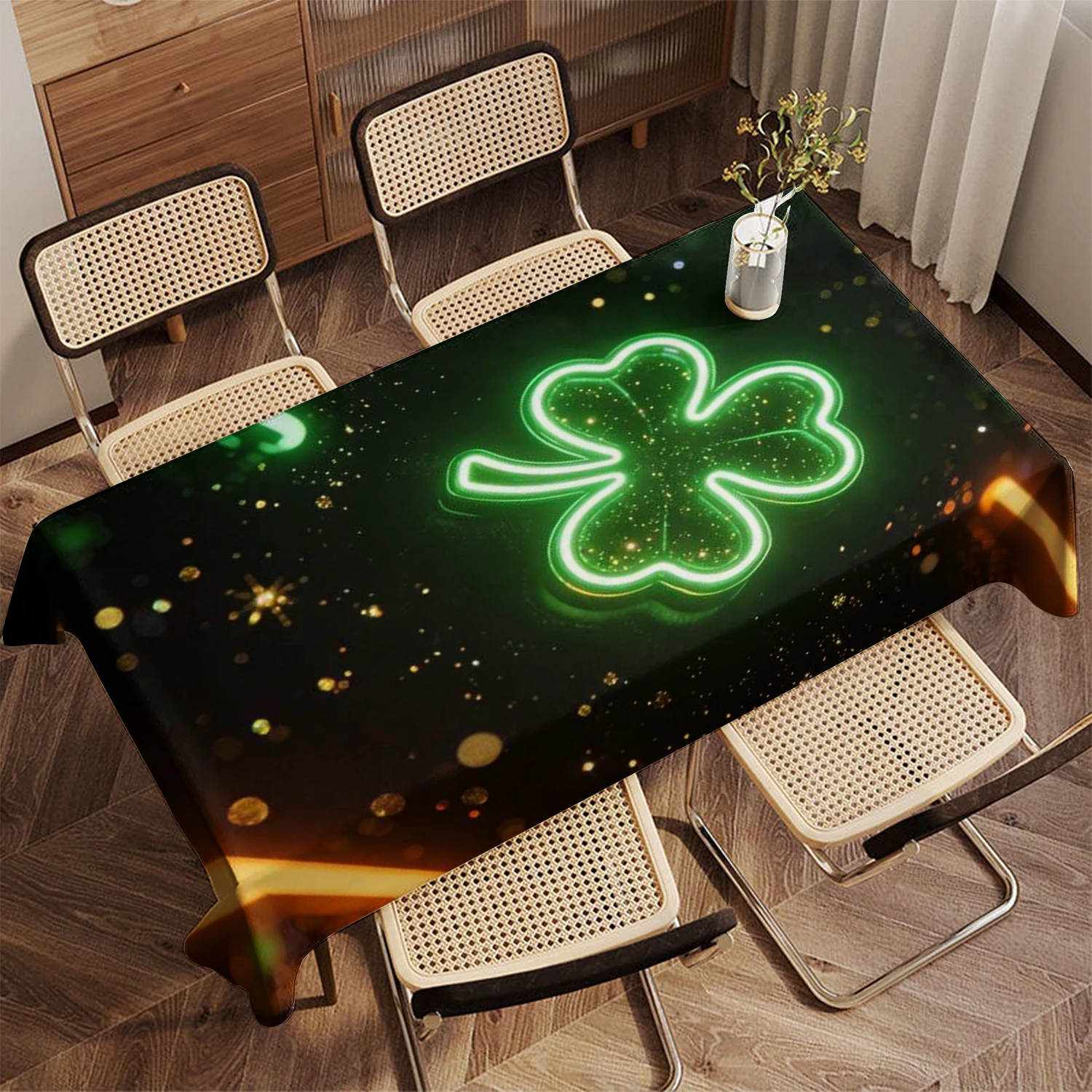 2D Glowing Four-Leaf Clover Tablecloth Restaurant Kitchen Tablecloth Living Room Home Decoration Rectangular Party Decoration