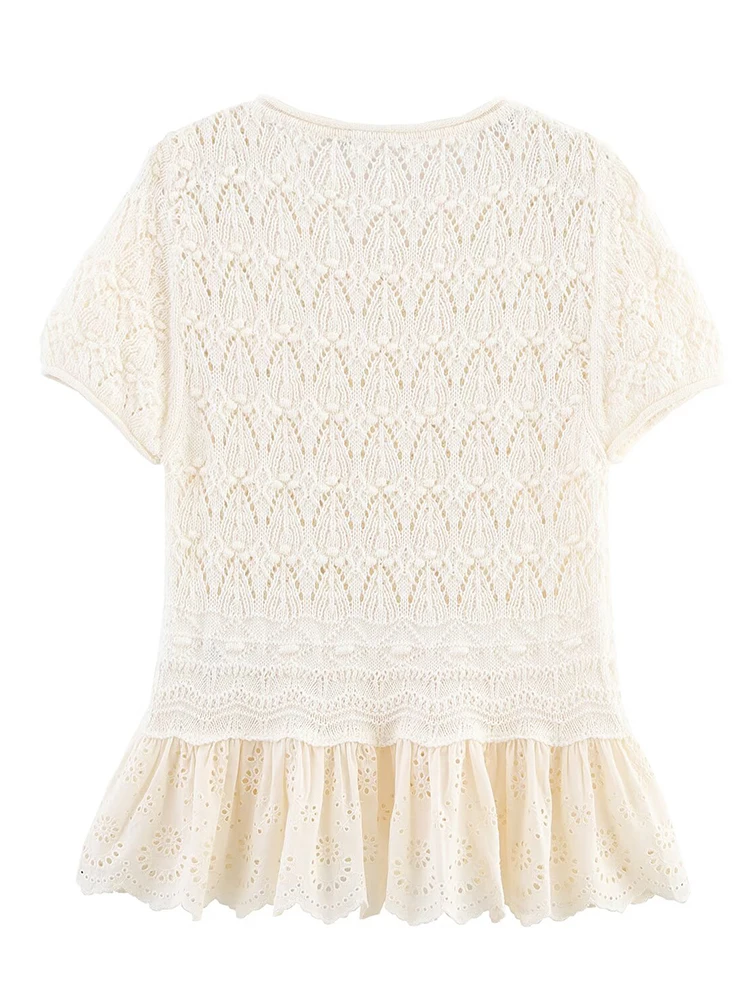 Top de manga corta con cuello redondo para mujer, top de manga corta con empalme de temperamento versátil a la moda de estilo europeo