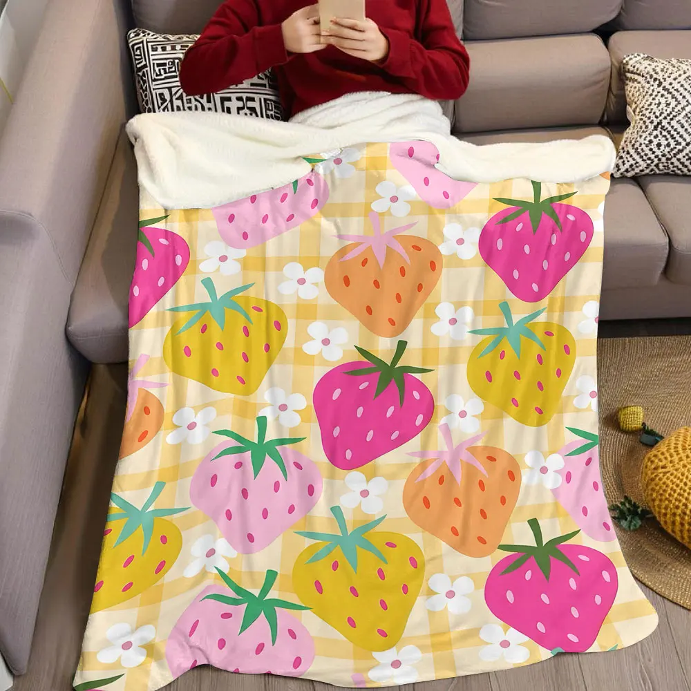 strawberry gingham yellow Flannel Blanket Warm Soft Halloween Christmas Decorative Couch Warm Cozy All-Season Gift