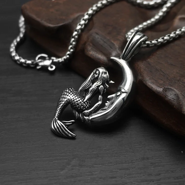 Ocean Elements Style Silver Color Bend Moon Mermaid Stainless Steel Pendant Necklace UNISEX Trendy Party Jewelry Necklace