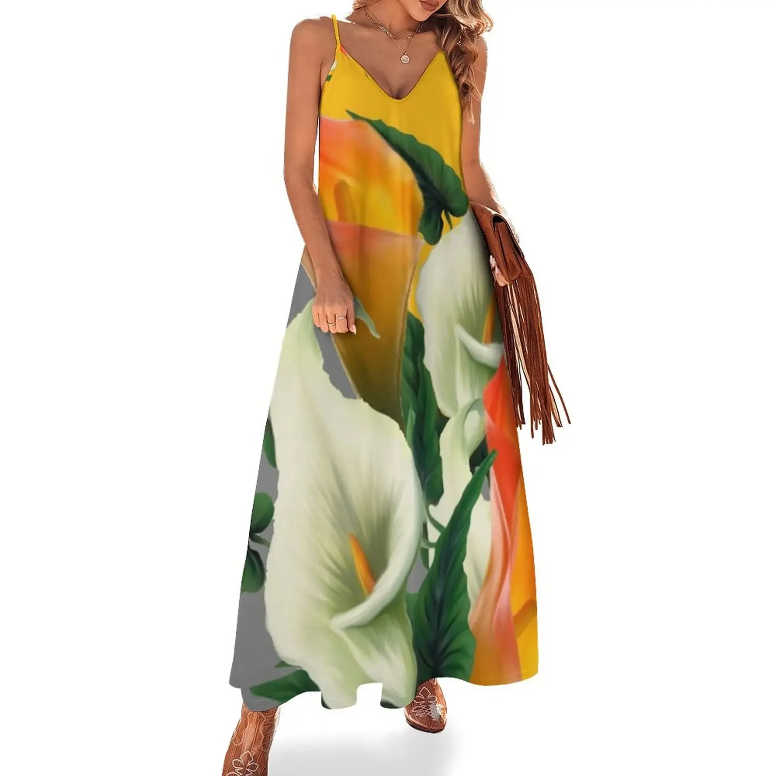 

WHITE-ORANGE CALLA LILIES GREY-GOLDEN GARDEN Sleeveless Dress women's luxury party dress womens dress dresses summer