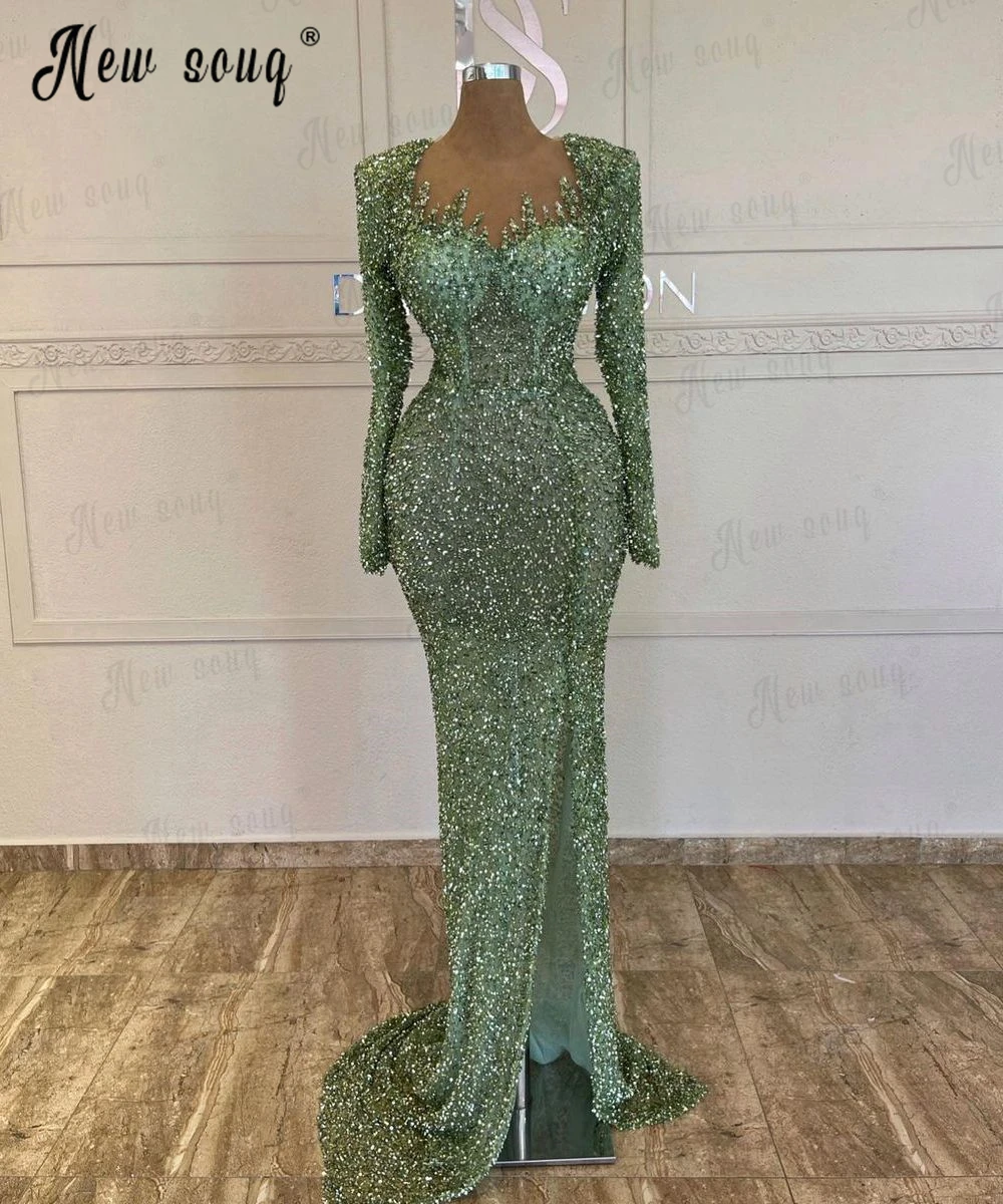 Couture Green Long Sleeve Mermaid Evening Dress Shoulder Pad Full Beaded Formal Prom Party Gowns Muslim Plus Size  Robe Soirée