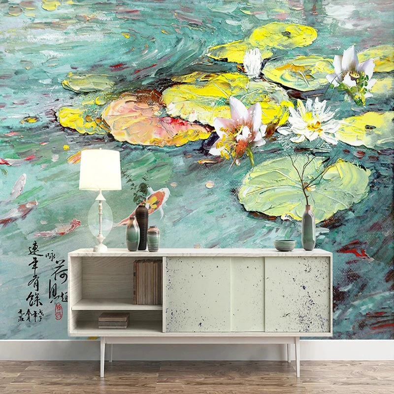 Custom Wallpaper Retro Oil Painting Lotus Pond Carp Mural Background Wall Painting Living Room Bedroom 3D Sticker Home Décor