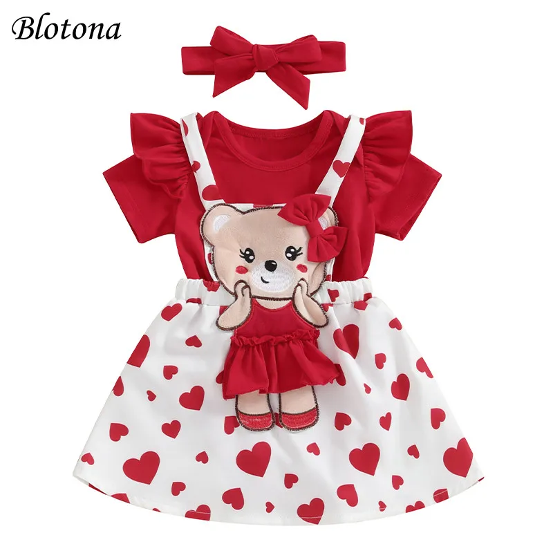 

Blotona Baby Girls Valentine's Day Outfit Short Sleeve Romper and Heart Print Suspender Skirt Headband Summer Clothes Set