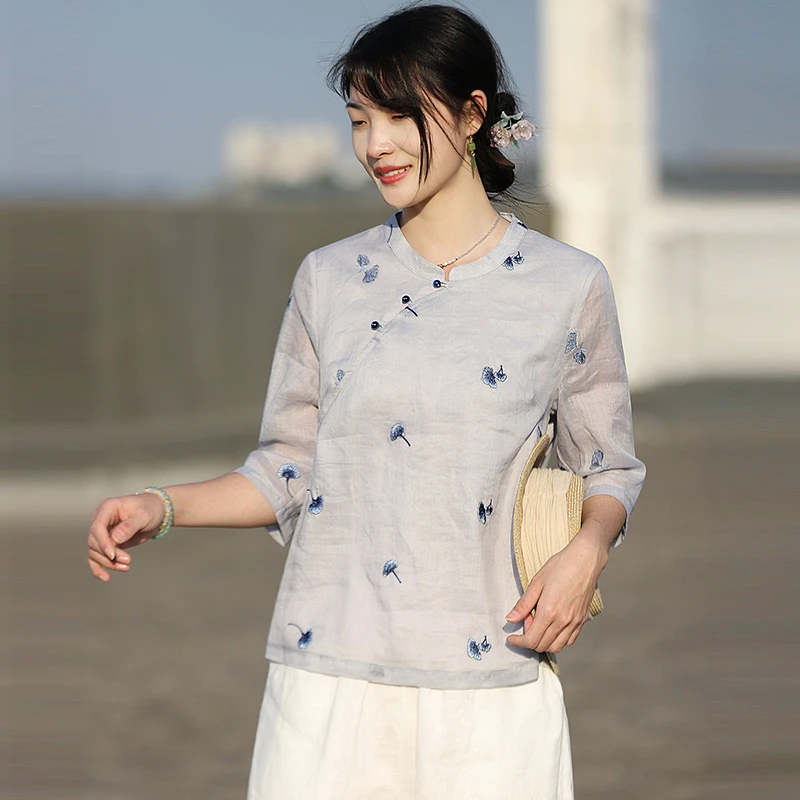 

Высококачественная блузка из рами с вышивкой, женская, новинка 2026 года, летняя, в китайском стиле, с воротником-стойкой, женские топы с коротким рукавом, рубашки M2530