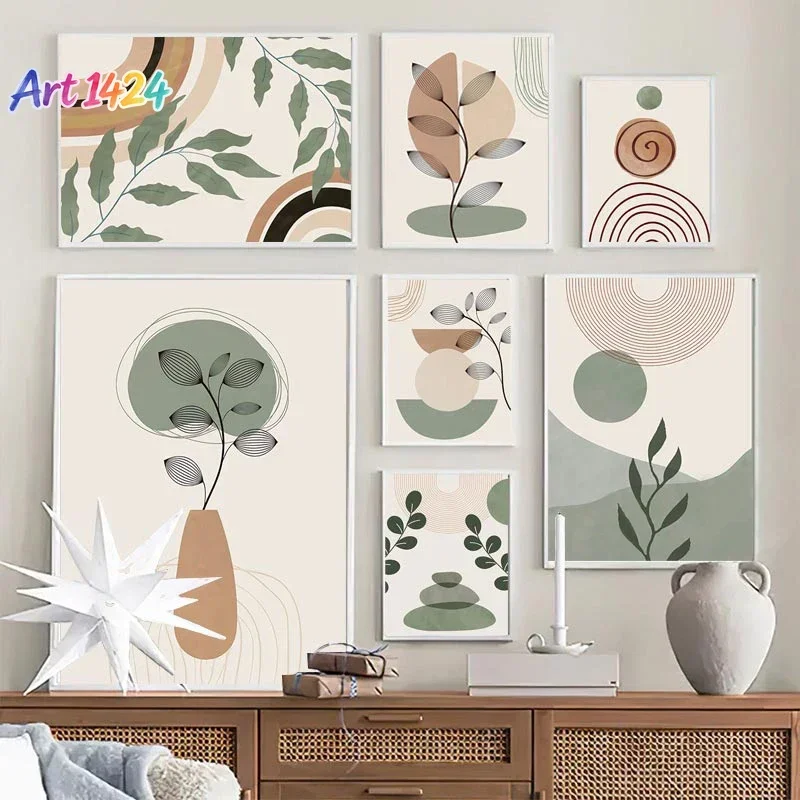 1pc frameless Canvas painting Boho Posters Abstract Geometry Line Canvas Painting Leaves Sun Rainbow Nordic Wall Art Pictures