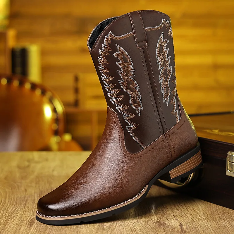 Men Embroidery Stitching Outdoor Retro Mid-calf Western Cowboy Boots Man Handmade Leather Shoes Fashion Punk Unisex Riding Boots