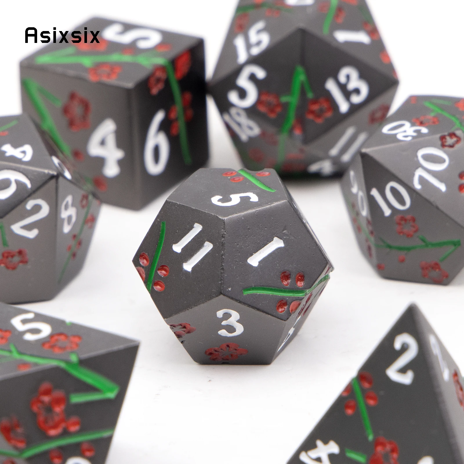 7 pçs flor preta dados de metal sólido conjunto de dados poliédricos adequado para rpg jogo de tabuleiro jogo de cartas