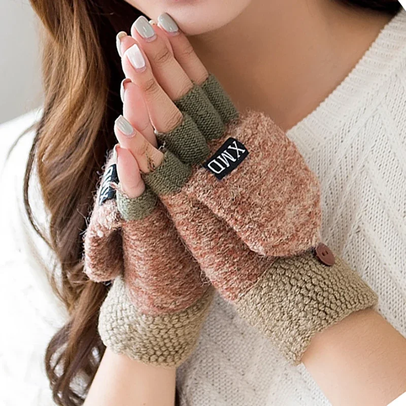 Women Knitted Flip Fingerless Gloves Exposed harf Finger Mittens Winter Warm Thickened Glove Knitting Wool Touchscreen Gloves