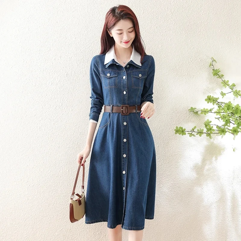 

Women's Dress 2023 Spring Autumn New Denim Dresses Color Matching Fake Two Piece Dress Single breasted Long Sleeve A-line Skirt