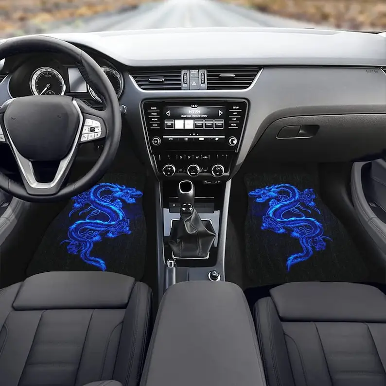 Blue Fire Dragon Floor Mats for Front and/or Back Floorboards, Cool Fantasy Vehicle Floor Carpets