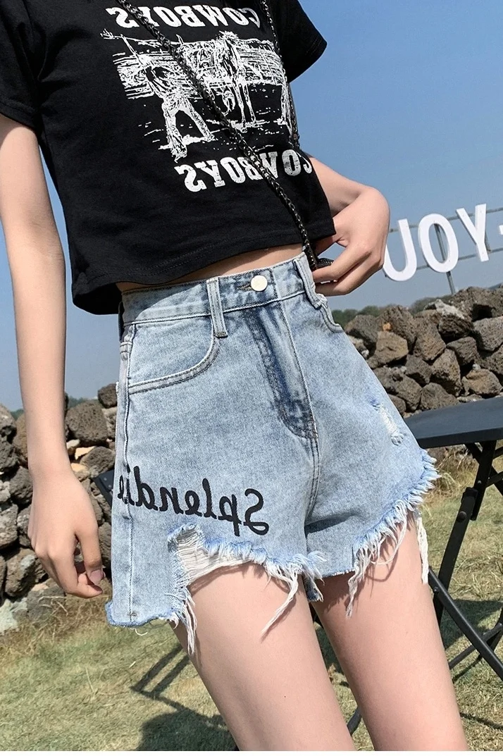 Short en jean taille haute avec pompon pour femme, pantalon court en denim avec lettre imprimée, mode chaude, 2023