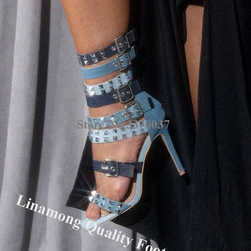 Metal Rivets Buckles Gladiator Sandals Linamong Newest Round Toe Denim Patchwork Stiletto Heel Stud Dress Shoes Dress Heels view 2