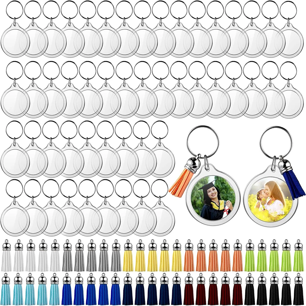 100 Uds círculo acrílico foto marco llavero con borlas Snap-In personalizado insertar foto acrílico imagen en blanco llavero proyectos de bricolaje
