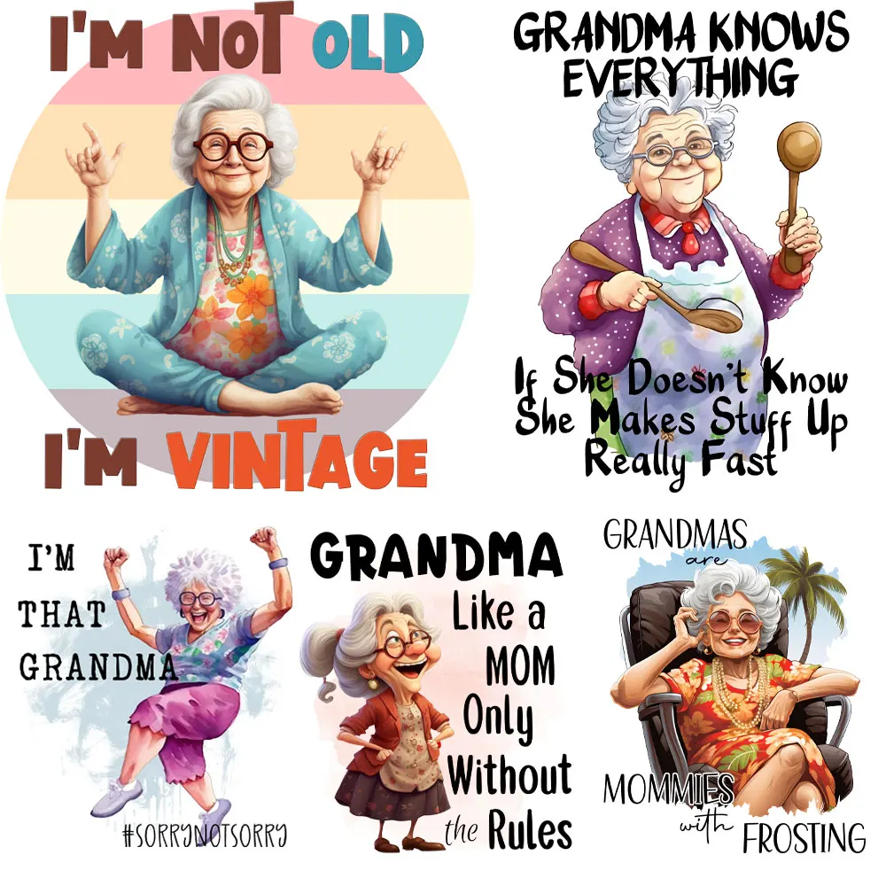 Vintage Grandma Heat Transfer Stickers for Clothing Older Women Iron on Patches T-Shirt Thermo patches Family Party Sticker