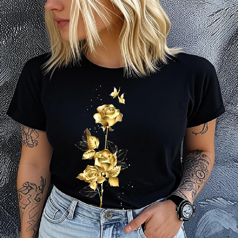Cotton 100% Women Golden Rose Print T‑Shirt, Elegant Flower Graphic Tees Casual Short Sleeve O‑Neck Ladies Daily Fashion Summer