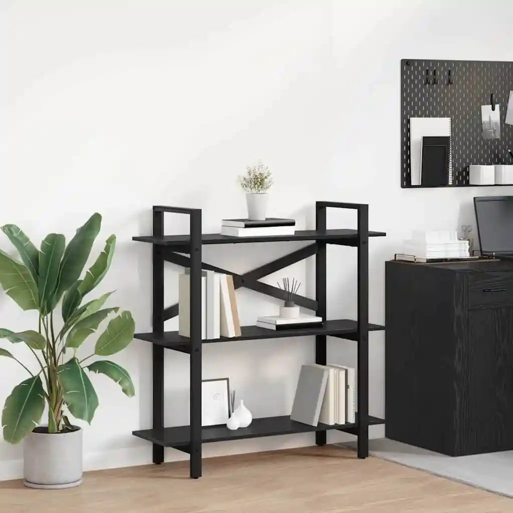 Schwarzes Eichenregal 100x33,5x102 cm aus Engineered Wood, freistehendes Bücherregal mit offenen Ablagefächern für Wohnzimmer, Arbeitszimmer, Büro