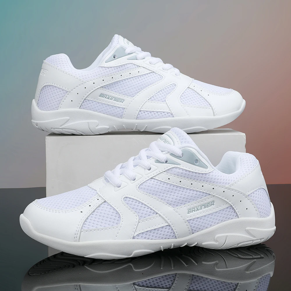 BAXINIER Girls White Cheerleading Shoes Mesh Breathable Training Dance Tennis Shoes Lightweight Youth Cheer Competition Sneakers