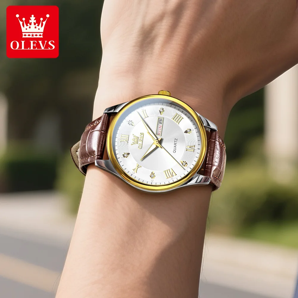 OLEVS Casual Fashion Couple Watches Leather Strap Waterproof Luminous Date Original Quartz Wristwatch for Lover Trend Dress 2pcs