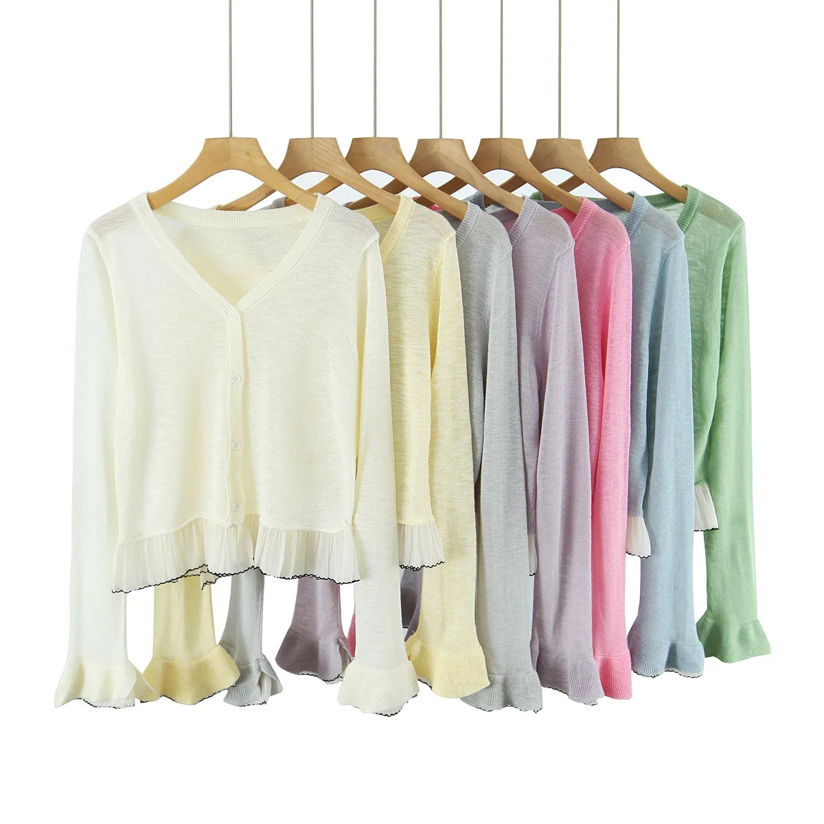 

Короткий вязаный свитер, пальто, женский v-образный вырез, рукав-колокольчик, отделка с рюшами, модная осенняя верхняя одежда, торговой женской одежды