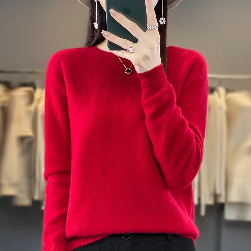 DjzDsm100% Pure Wool Female Round Neck Autumn And Winter Hollow Knit Sweater Loose Pullover Long Sleeve Base Shirt