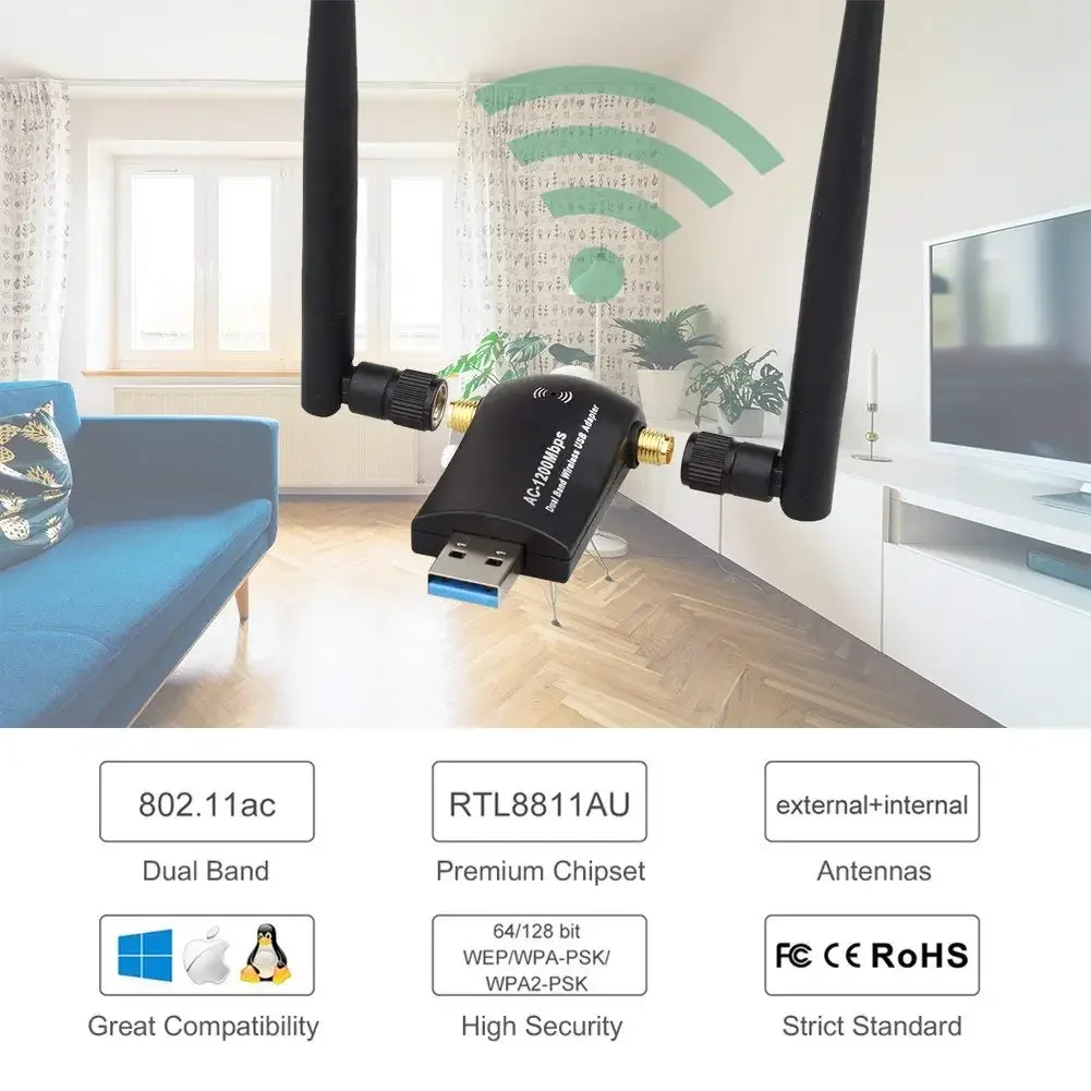 Беспроводной USB-адаптер Wi-Fi, 1200 Мбит/с, двухдиапазонный, 2,4 ГГц/300 Мбит/с, 5 ГГц/867 Мбит/с, двойные антенны с высоким коэффициентом усиления, 5 дБи, сетевой Wi-Fi USB 3.0
