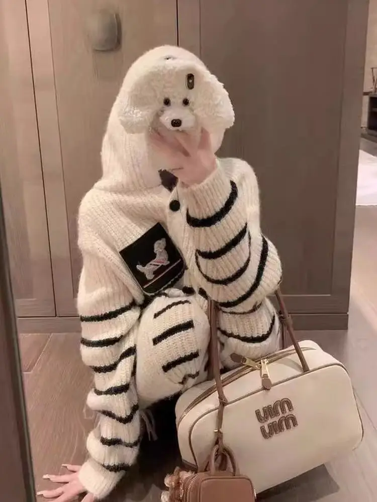 Faionable مخطط الكلب هوديي سترة المرأة شيك الخريف وصول جديد دافئ طويل Sve معطف أمامي مفتوح Sli تخفيف Sle #1