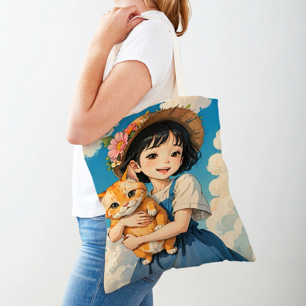 Fairy Tale World Lovely Child Gift Casual Shopping Bag Cute Cartoon Girl and Cat Double Print Canvas Tote Handbag Shopper Bags