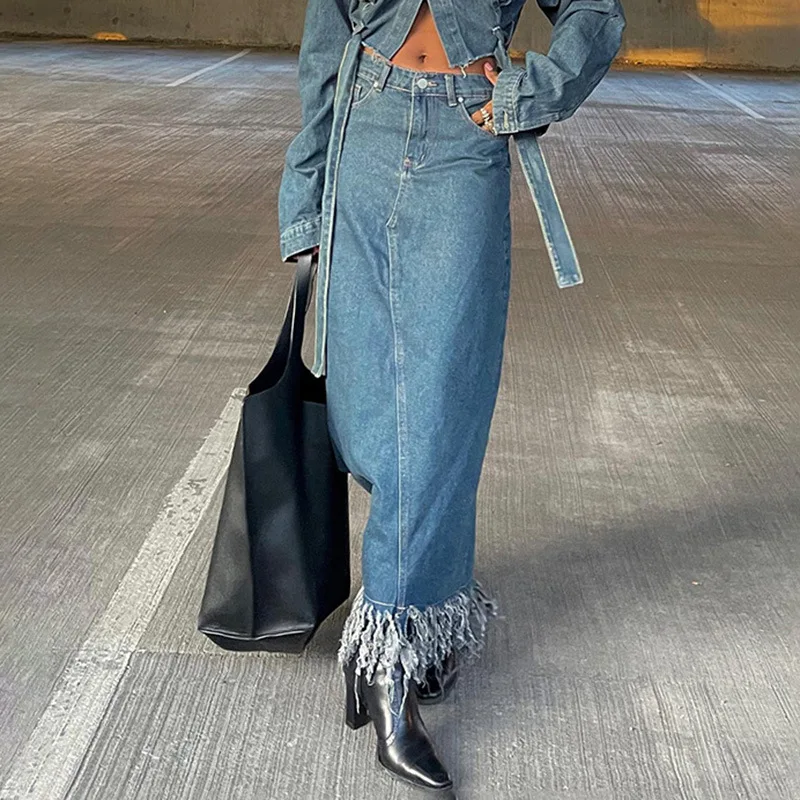 Dourbesty Women High Waist Denim Long Skirt Vintage Fringe Hem Slim A Line Stretch Denim Skirts Casual Flared Pull On Maxi Skirt