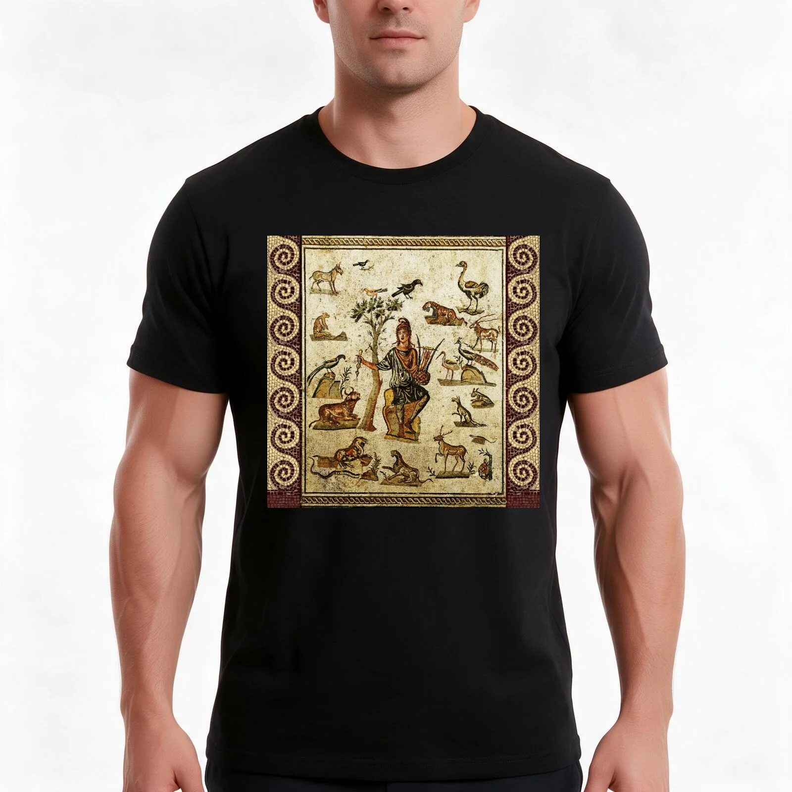 ANTIQUE ROMAN MOSAICS ,ORPHEUS ENCHANTING ANIMALS WITH HIS MUSIC T-Shirt Summer Casual Cotton Tee Oversized Streetwear Tops