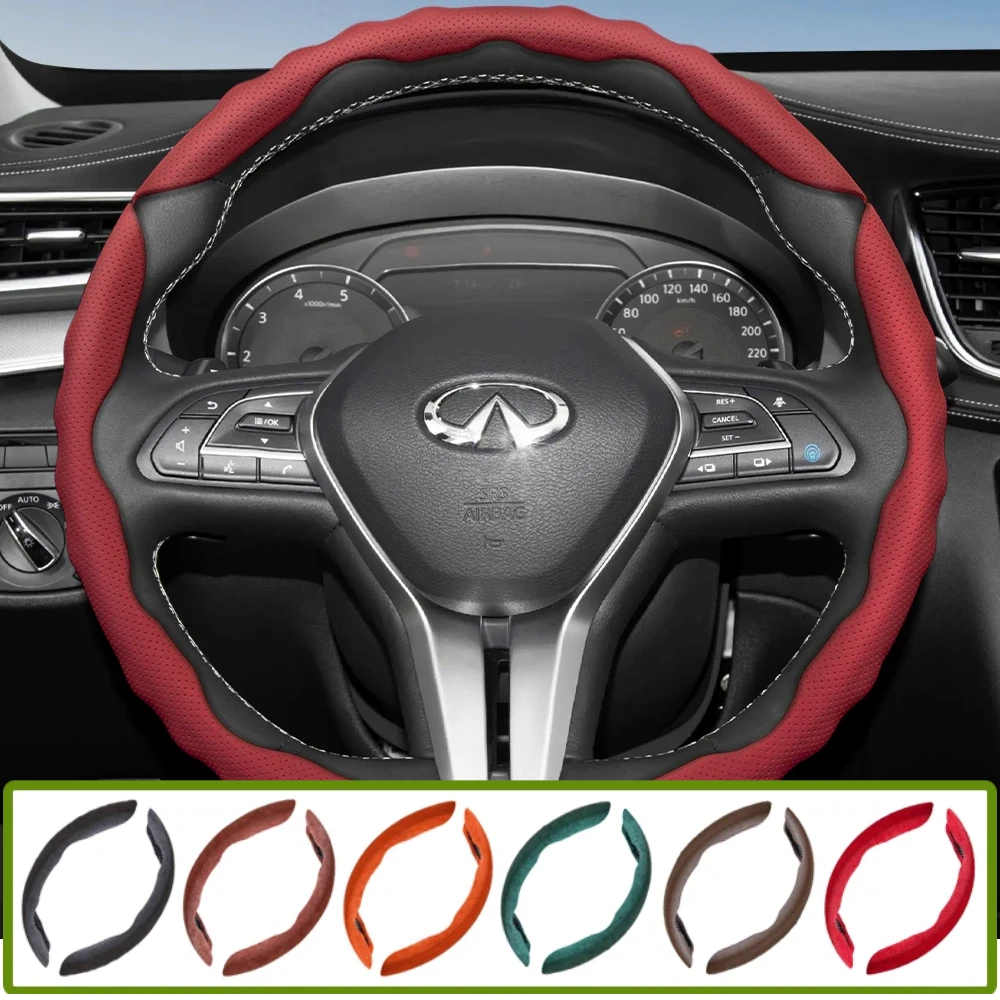 Steering Wheel Cover with Wave-Shaped Sport Design, Breathable Leather, Segmented, Non-Slip, Sweat-Absorbent, Suitable