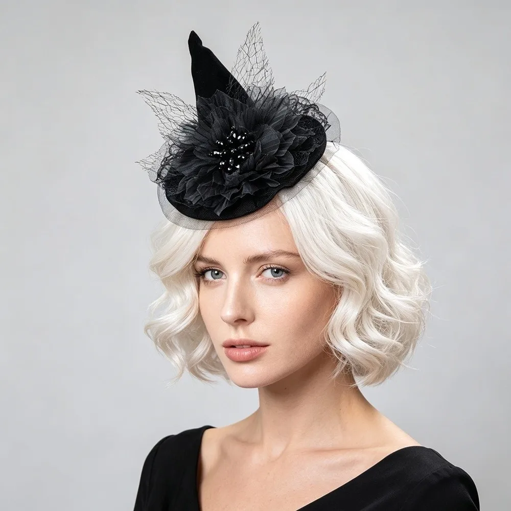 Elegant Flower Witch Hat Hair Clip Mesh Gothic Style Halloween Hair Clip Dark Black Headdress Witch Hairpins Women