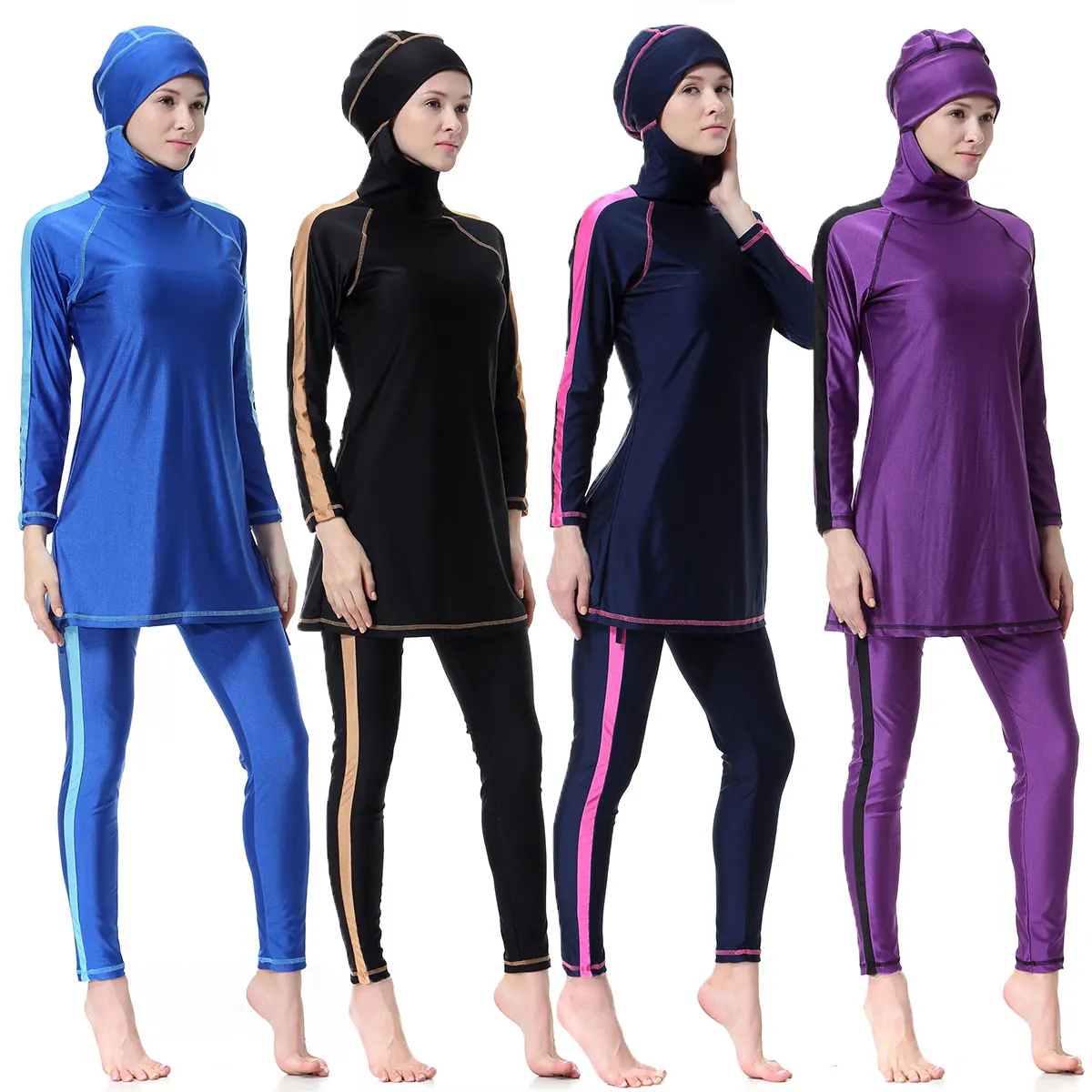 S-3XL Modest Islamic Muslim Swimsuit Burkini Women Ladies Full Cover Side Stripes Solid Color Hooded Robe With Hijab Quick Dry