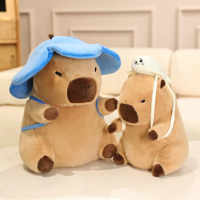 Poupée Capybara marron 20 ~ 40cm, jouet en peluche assis, Animal de dessin animé avec sac à dos, chapeau habillé, cadeau en peluche