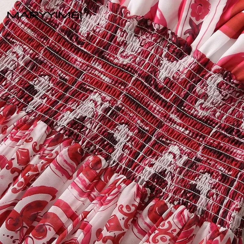 MARYYIMEI Lente Zomer Mode Vintage vrouwen Mouwloze jurk Rood porselein gedrukt Elastische Taille V-hals Grace Lange Jurken