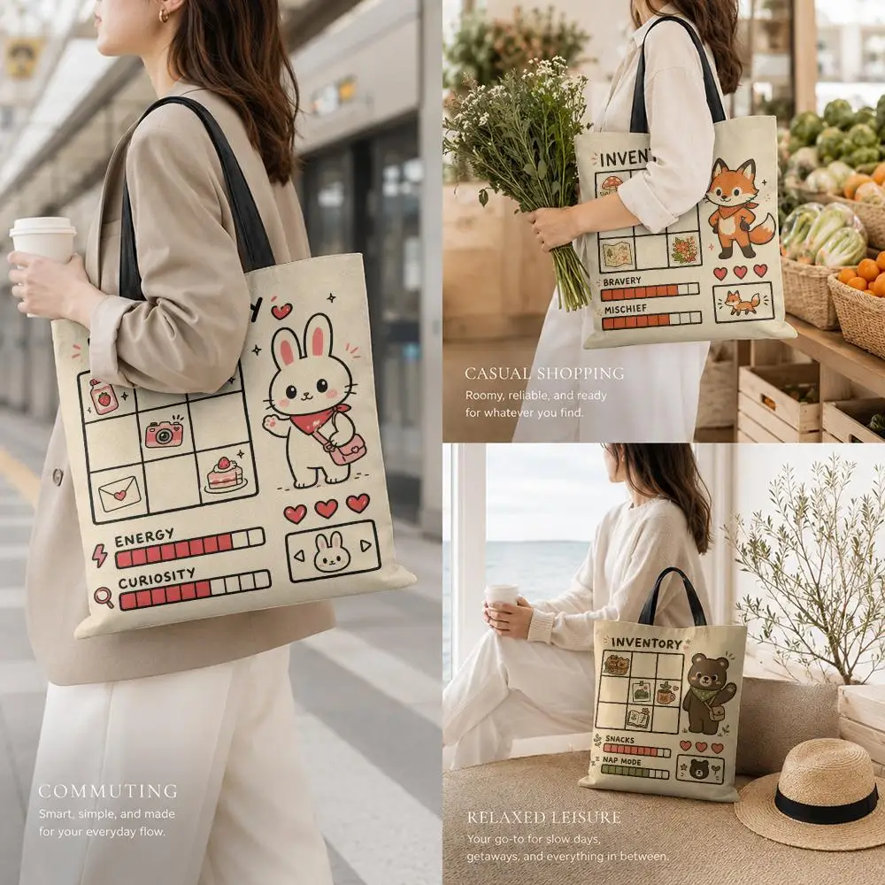 Cute Animal Game Inventory Storage Bags Canvas Tote Bag Large Capacity Reusable For Shopping Commute Grocery Shoulder Bag Gift