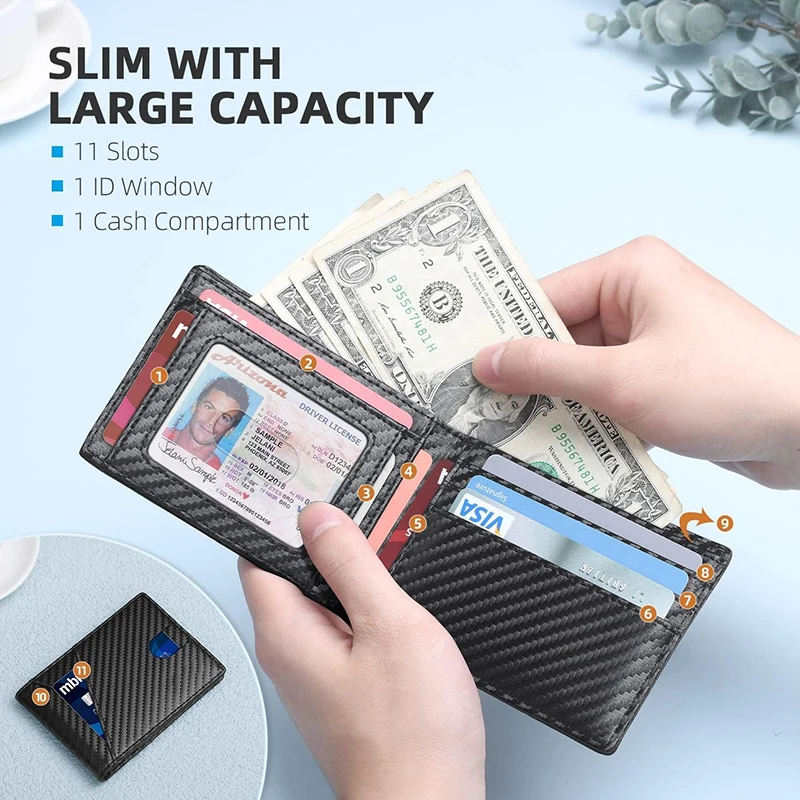 Men\'s Wallet Ultra Thin 11 Credit Card Slot Leather RFID Blocking Small Thin Bifold Wallet for Men