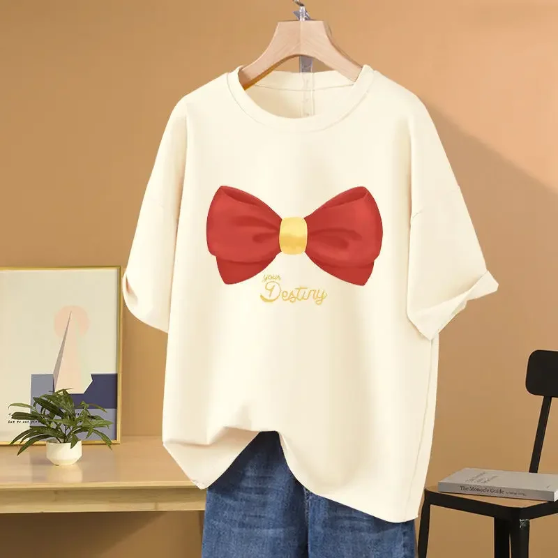 Women Bow Printed Chic Loose T-shirt Summer Short Sleeve Basics All Cotton Top Tees Casual Loose O-neck Pullovers