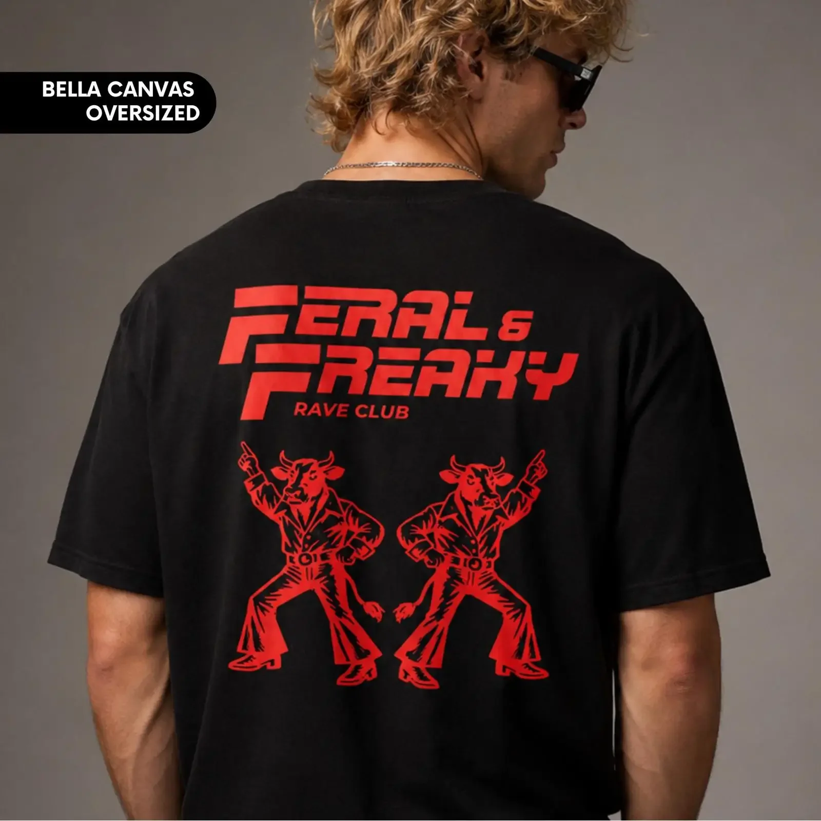 Bella Canvas Oversized Feral Freaky Rave Club Cow T Shirt EDM Music Festival Party Wear Funny Outfit vintage Washed Breathable
