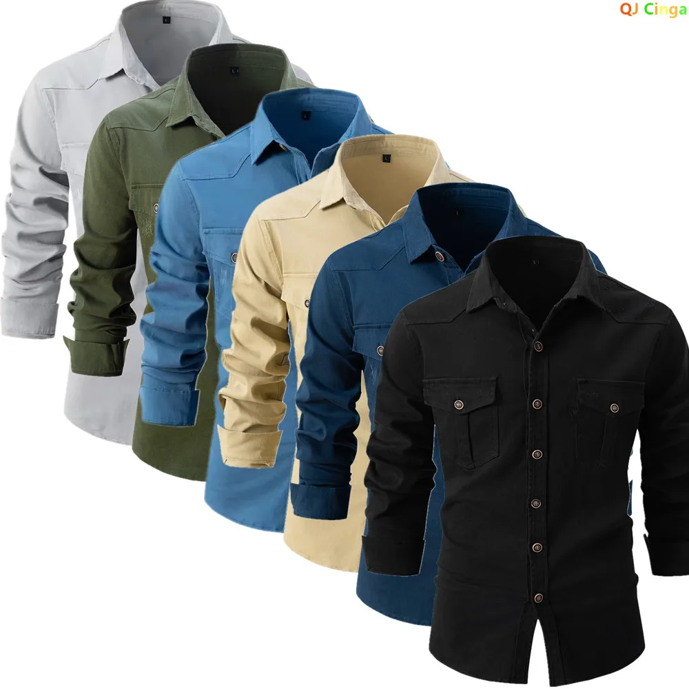 

Men's Black Long-sleeve Cotton Shirt; Blue Single-breasted Button-down Shirts; Available in Gray, Green, and Khaki.