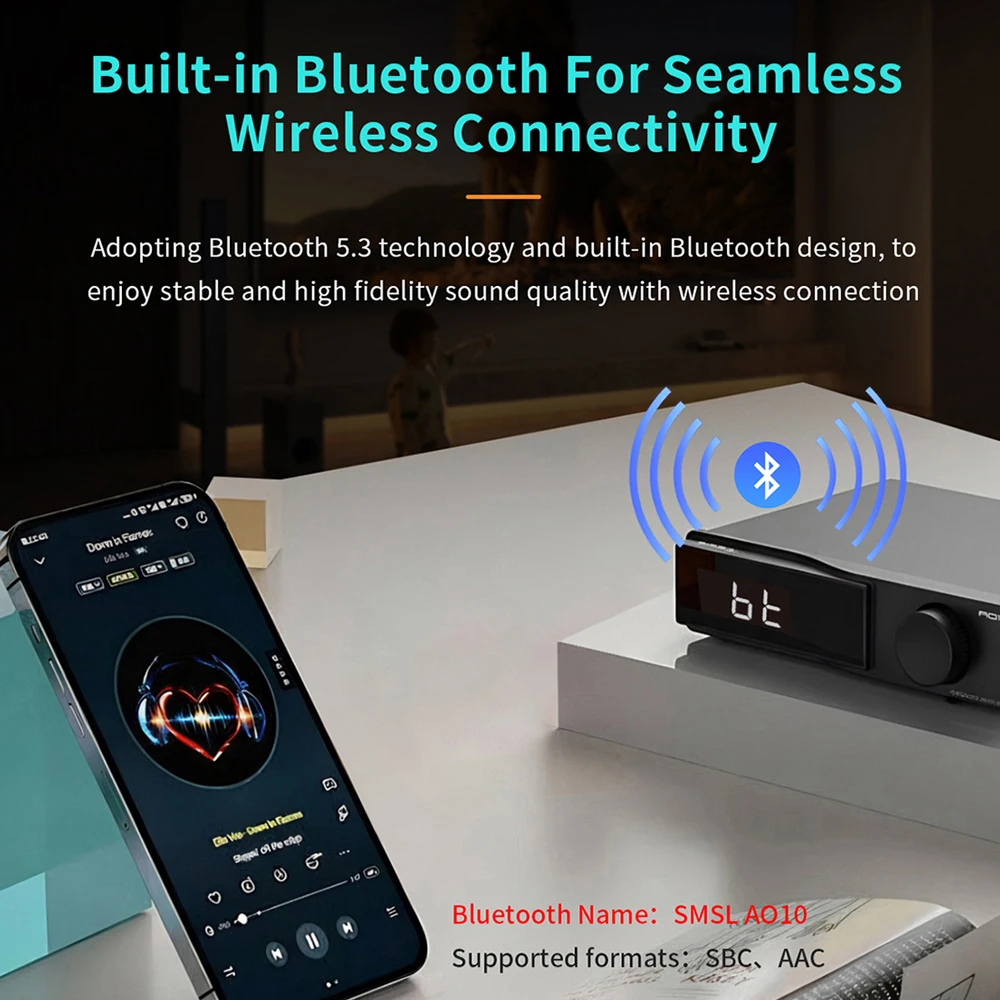 SMSL AO10 Power Amplifier Bluetooth5.3 TPA3116x2 Chip Input 12V Synchronous Switch 100Wx2 2ohm Speaker Output Class D Amplifier